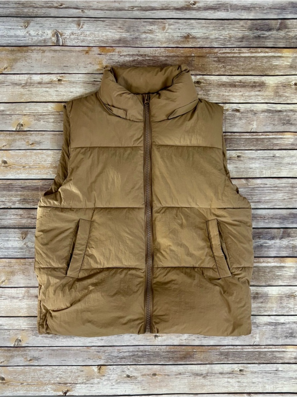 Quilted Puffer Vest in Beige Camel, Small
